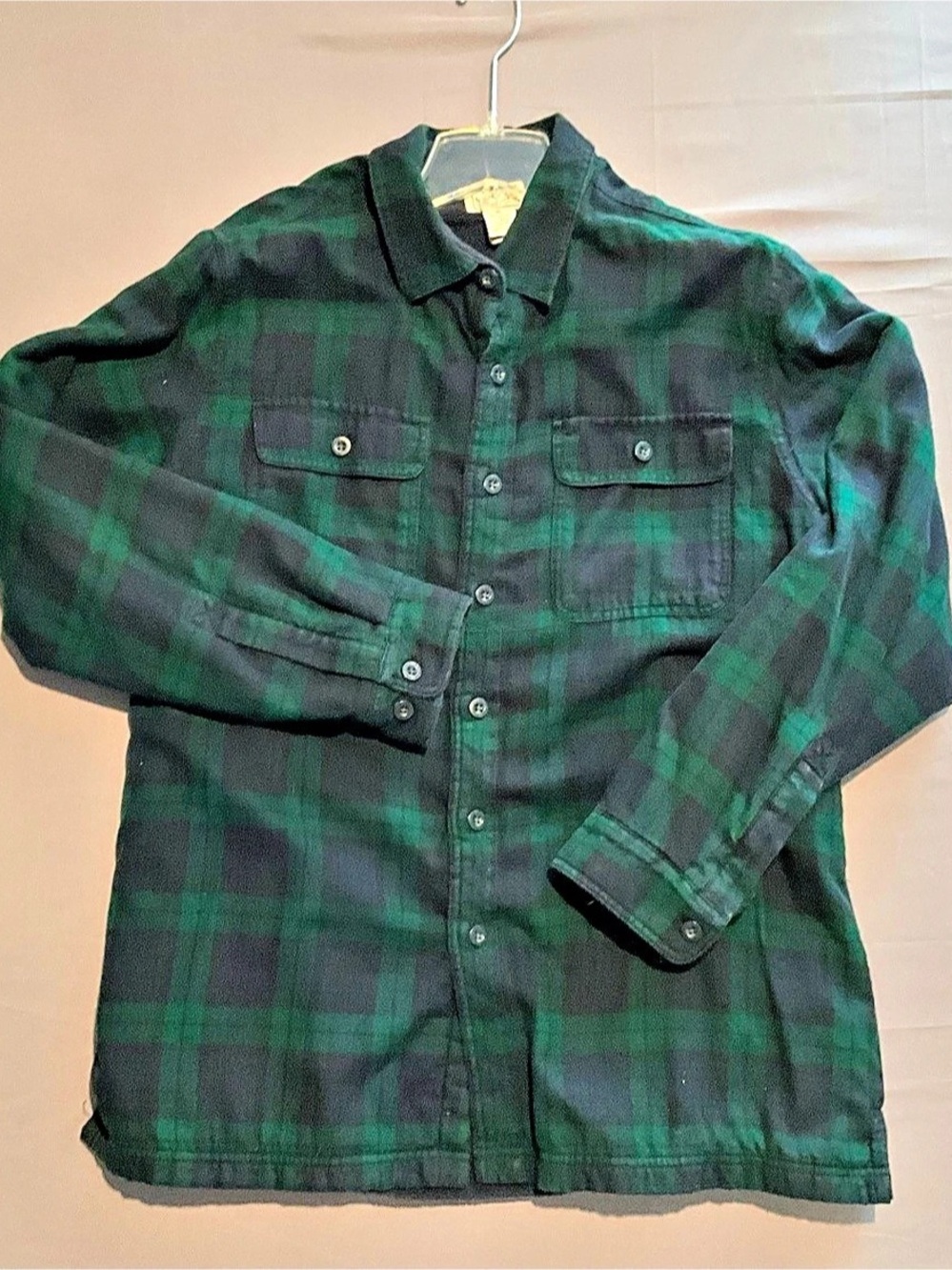 LL Bean Fleece Lined Flannel Shirt Jacket Mens Large Green Navy Plaid Vintage